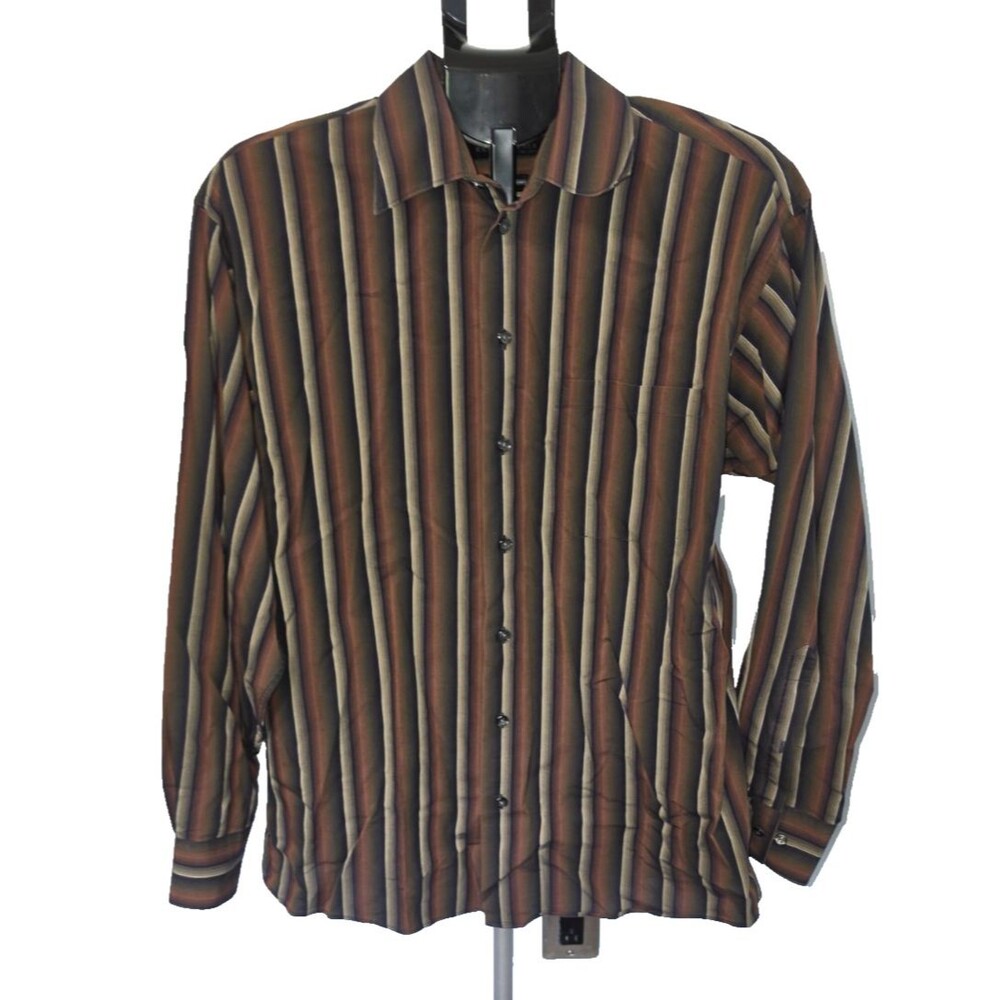 Kenneth Cole New York Brown Striped Button Front Shirt Size 16 34/35 L